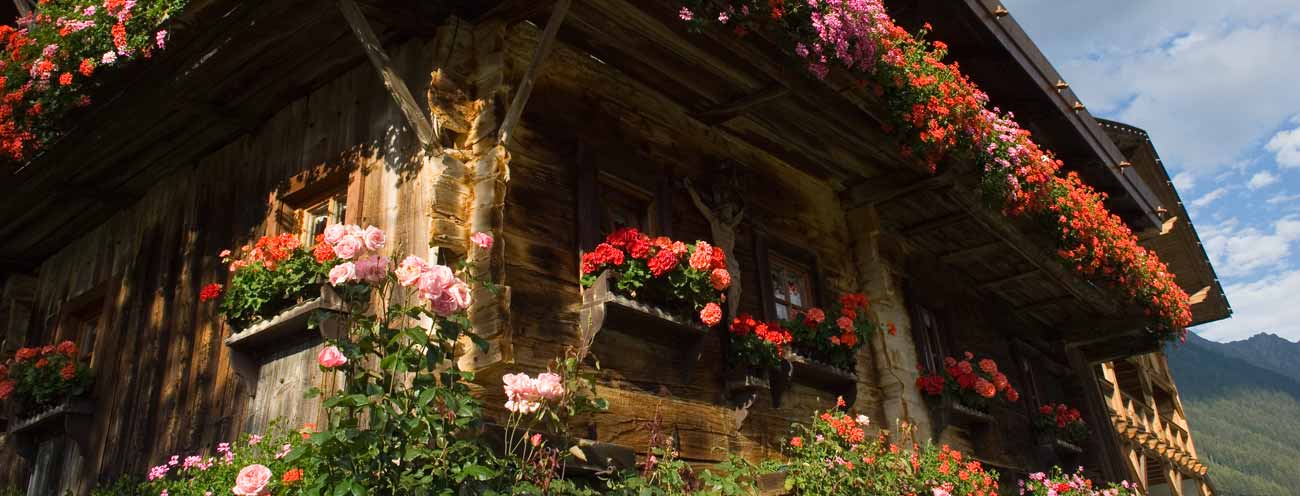 Ein typischer alter und gut erhaltener Bauernhof im Passeiertal aus Holz mit Balkonen voller Blumen