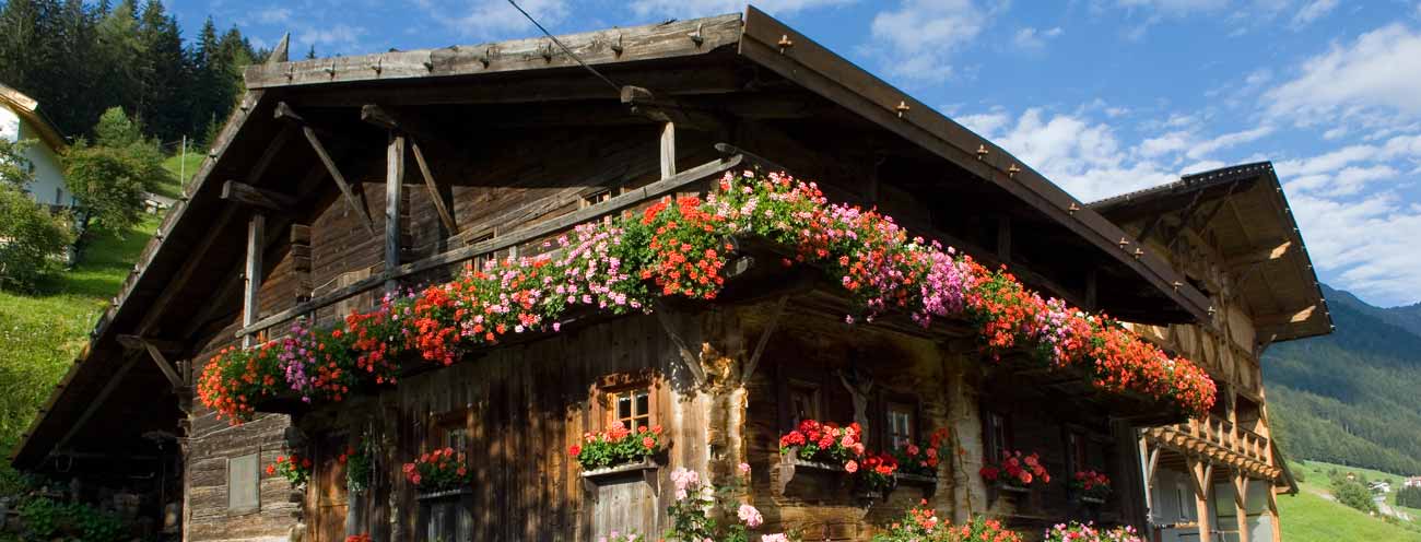 Vecchio maso in legno con gerani sul balcone