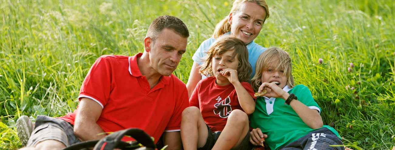 Family while resting on a green meadow